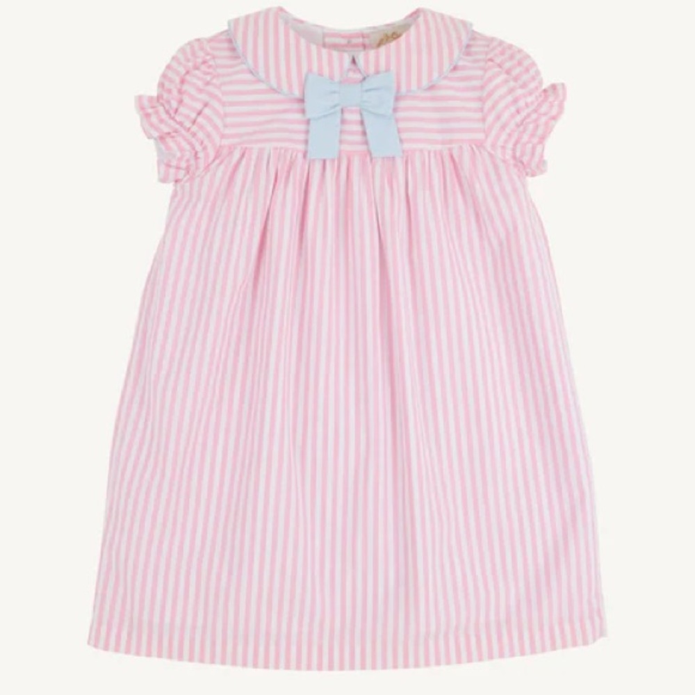 The Beaufort Bonnet Company Pink Striped Dress with Blue Bow